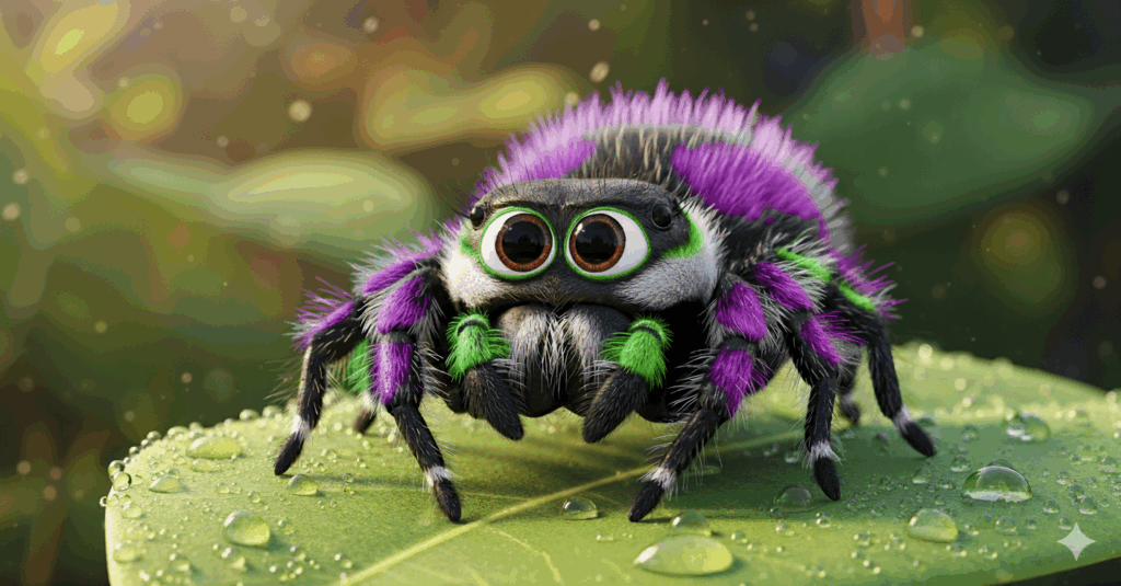A green, purple, and black cartoon regal jumping spider sitting on a leaf.
